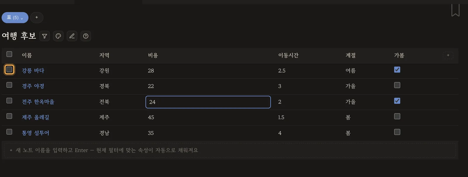비용 칸을 눌러 그 자리에서 숫자를 고치는 화면