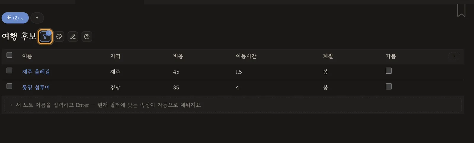 계절이 봄인 두 곳만 남은 표