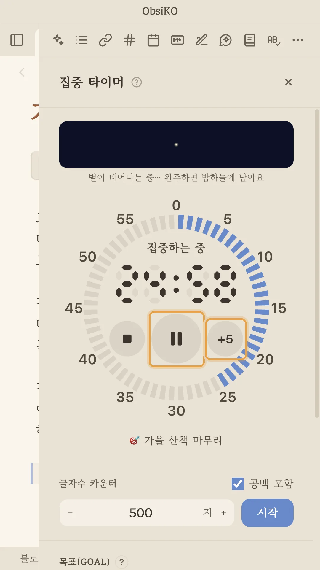 집중하는 중 — 일시정지와 +5 단추